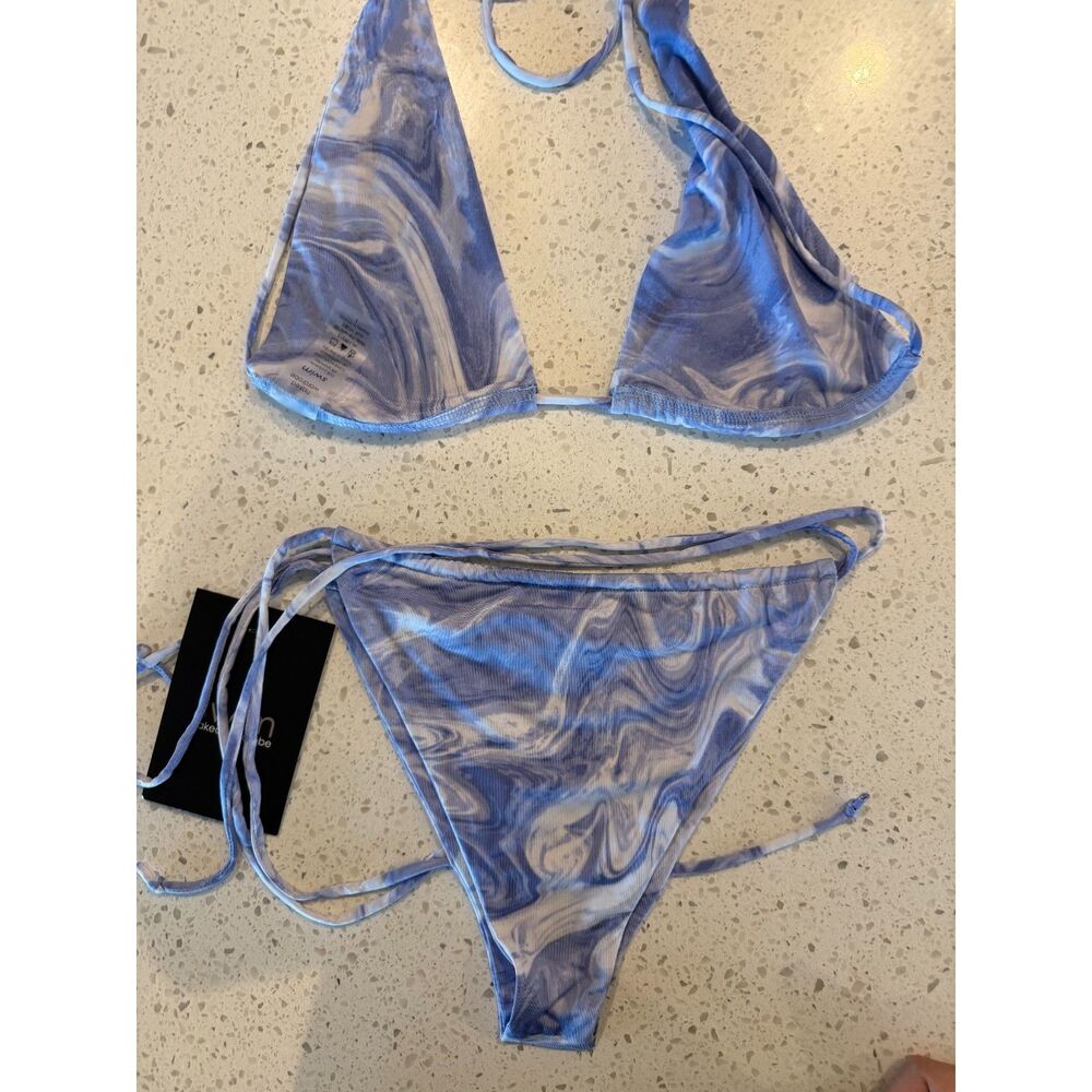 Naked Wardrobe Blue Smoke Marble String Bikini Top + Bottom Set L